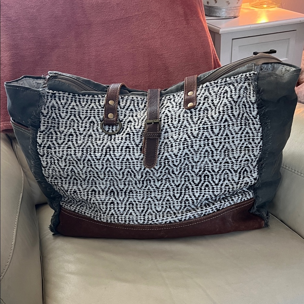 Myra Bag Black & White Woven Tote with Brown Leather Trim